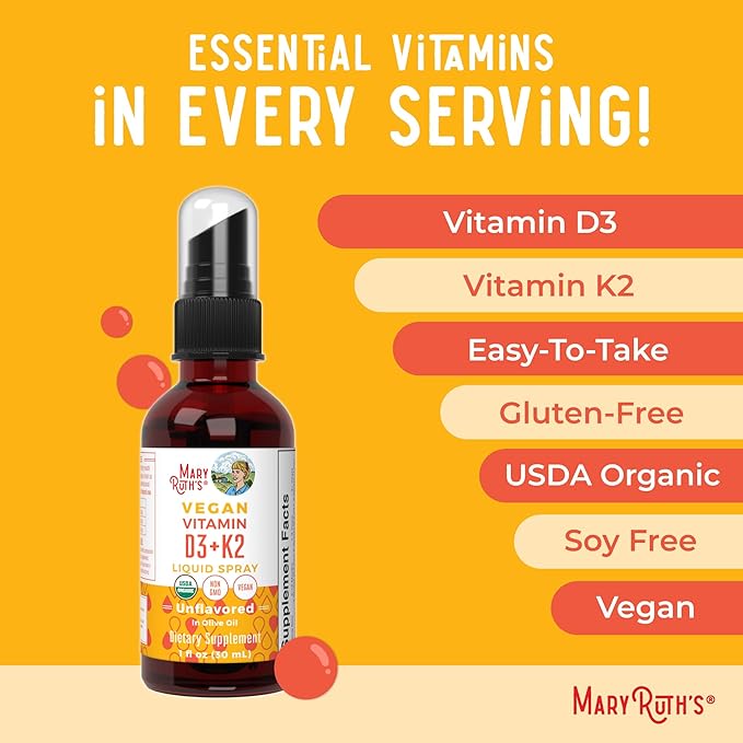MaryRuth's Organic D3 + K2 Spray for Adults &amp Kids for Bone Health | Vitamin D3 as Cholecalciferol | Vitamin K2 | Immunity | Mineral Absorption | Heart Health | Vegan | Non-GMO | Gluten Free | 1 F