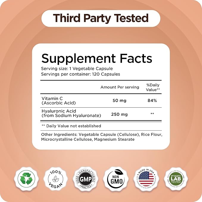 Pure Hyaluronic Acid Supplement 250mg with Vitamin C 50mg 120 Vegan Capsules - Skin Hydration for Natural Glow Hair Nails Bone &amp Joint Health Formula 120 Count (Pack of 12)