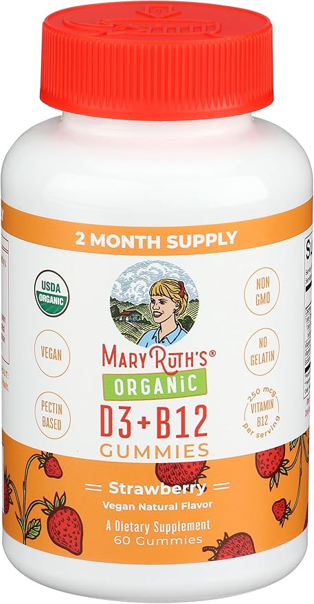 MaryRuth Organics's Vitamin D3 B12 Gummies | USDA Organic | 2 Month Supply | Vitamin D &amp B12 Vitamin Supplements for Adults &amp Kids | Bone Health | Healthy Energy Levels | Non-GMO | 60 Servings