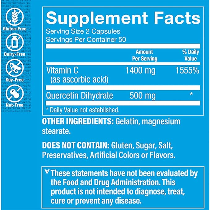 The Vitamin Shoppe Quercetin with Vitamin C - Immune &amp Seasonal Support | Citrus-Free Bioflavonoid | 100 Capsules | Year-Round