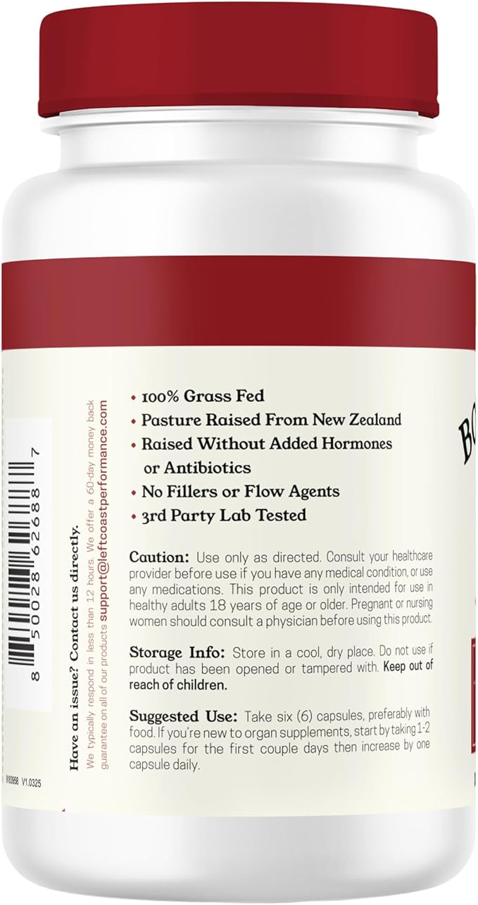 Left Coast Performance Grass Fed Bovine Blood and Beef Liver Supplement –100% Grass Fed New Zealand Pasture Raised Beef Organs - Natural Blood Builder Non GMO Freeze Dried –180 Capsules