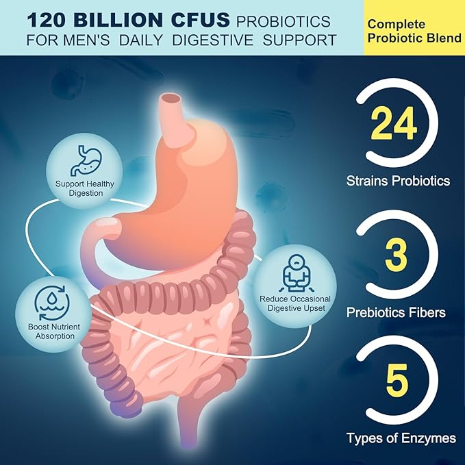 DRFOSTER Probiotics for Men Digestive Health 120 Billion CFUs Mens Probiotic with Enzymes &amp Prebiotics &amp Saw Palmetto &amp Cranberry for Gut Prostate &amp Urinary Tract Health Shelf Stabl