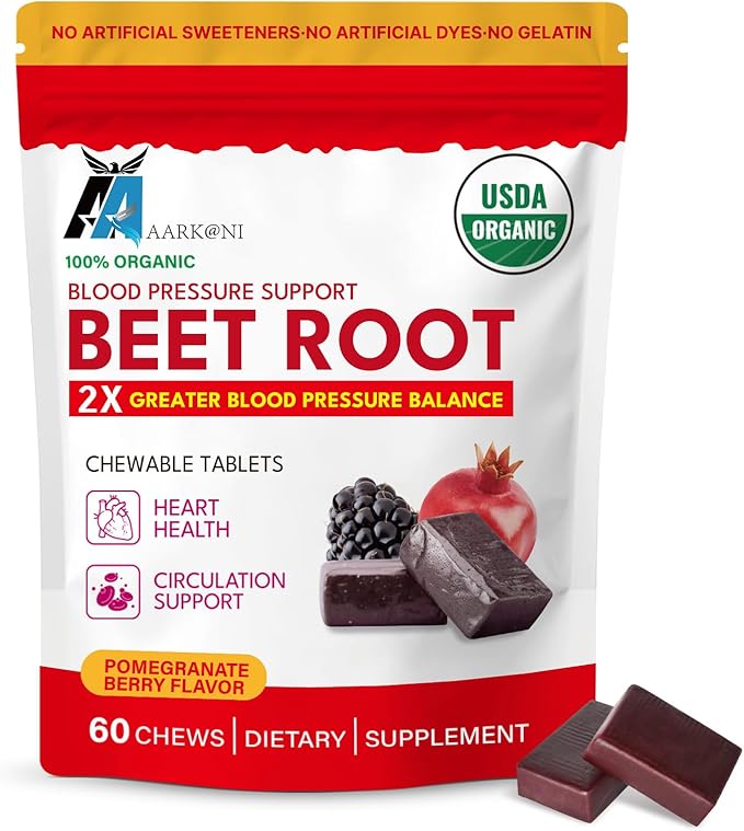 Aarkani Organic Beet Root Chewable Tablets Blood Pressure Support 60 Count Pomegranate Berry Flavor