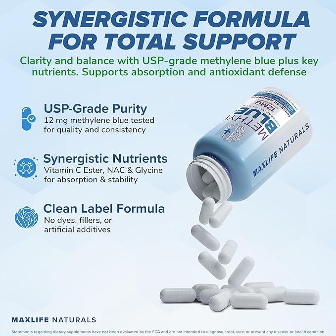 MaxLife Naturals Pure Methylene Blue Capsules Ultimate Methylene Blue Pharmaceutical USP - Grade 12mg 60 Capsules with Vitamin C Ester &amp NAC Glycine Supports Cellular &amp Cognitive Function Mad