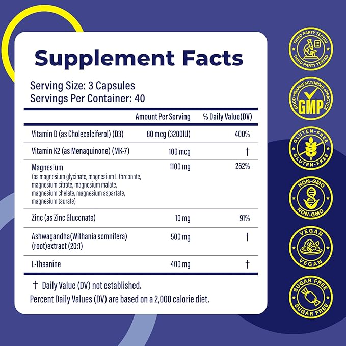 Magnesium Complex for Women &amp Men 1100mg 7-in-1 Magnesium Supplement with Ashwagandha &amp L-Theanine for Calm &amp Sleep Support High Absorption Vegan 120 Capsules