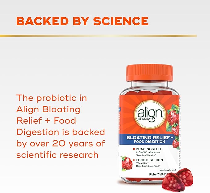 Align Probiotic Bloating Relief + Food Digestion Probiotics for Women and Men Probiotic Helps Soothe Occasional Bloating* With Vitamin B12 to Help Break Down Food into Cellular Energy*60 Gummies