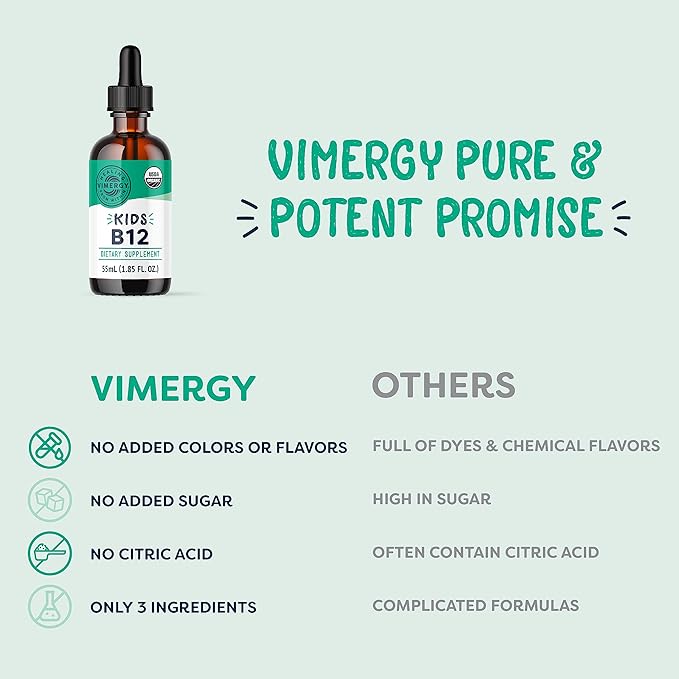 Vimergy Kids USDA Organic Liquid B12 – Promotes Physical Development &amp Cognitive Function* – Fast-Absorbing Immune Support* – Vegan Non-GMO – 55 mL