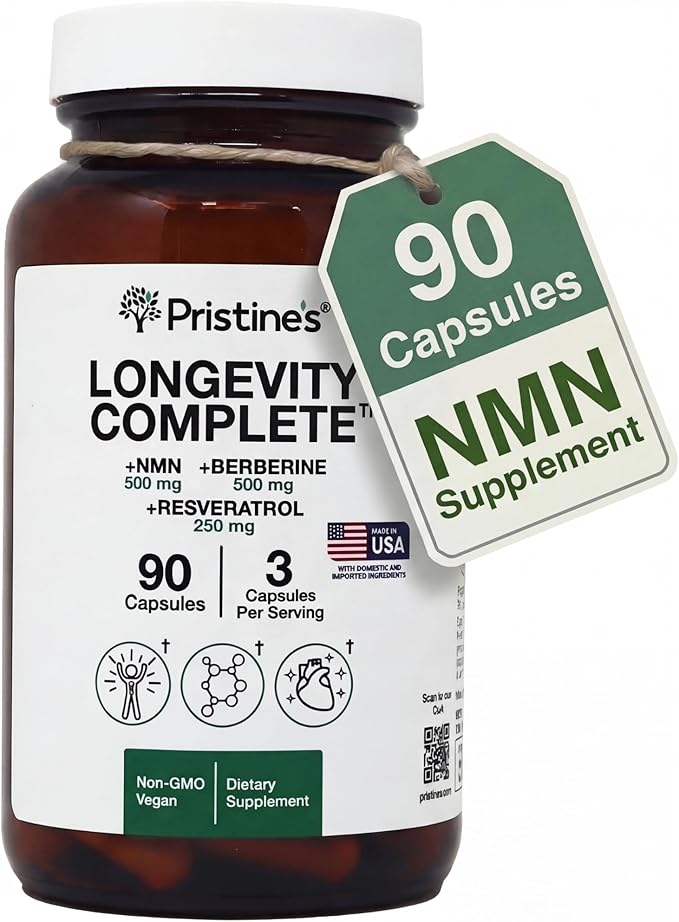 PRISTINE'S Longevity Complete Anti Aging NMN Complex - Advanced Cellular Support - NMN 500mg Berberine 500mg Resveratrol 250mg Healthy Aging Autophagy &amp NAD+ Support - Glass Bottle