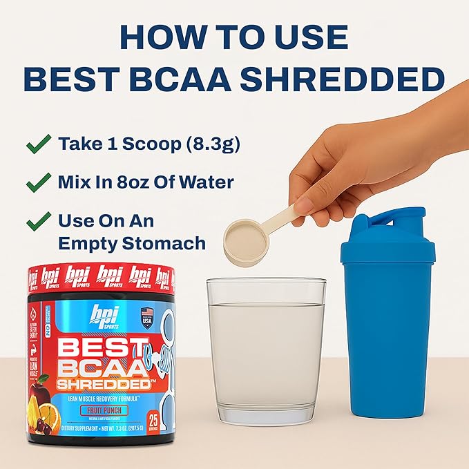 BPI Sports Best BCAA Shredded - Caffeine Free Thermogenic Recovery Drink Lean Muscle Building BCAA Powder for Women and Men Preworkout BCAAs Amino Acids Drink- Fruit Punch - 25 Servings