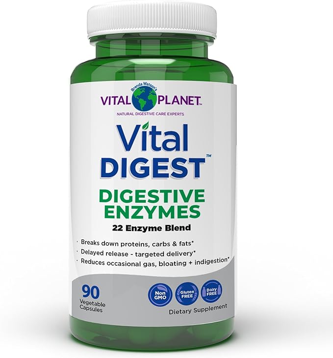 Vital Planet – Vital Digest Natural Digestive Enzymes Supports Breakdown of Proteins Fats and Carbohydrates and Reduces Occasional Gas Bloating and Indigestion 90 Capsules (Packaging May Vary)