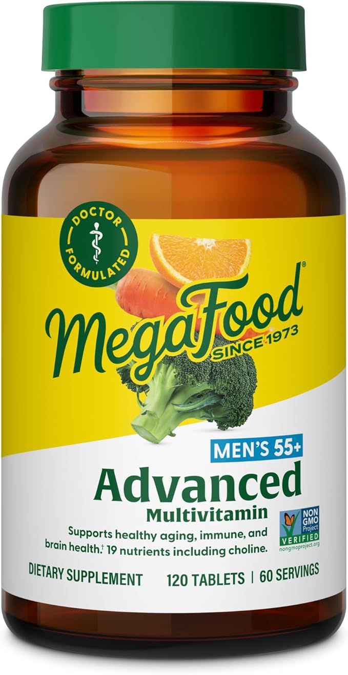 MegaFood Advanced Multivitamin for Men 55+ Mens Multivitamins 50 Plus Methylated B12 Methyl folate Choline Vitamin D Brain &amp Muscle Health Immune Support Vegetarian - 120 Tablets (60 Servi