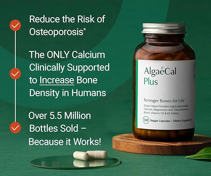 ALGAECAL Organic Red Algae Calcium Supplement for Bone Density Vitamin K2 MK7 (100mg) Vitamin D3 (1600 IU) Magnesium (350mg) &amp Trace Minerals &amp Strength Easy to Swallow 120 Veggie Caps