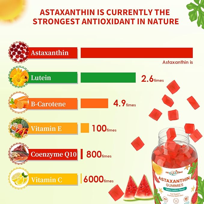 Astaxanthin 12mg Supplements Gummies: Antioxidant Supplement to Support Eye Skin Joint &amp Immune System Health Non-GMO &amp Gluten-Free (60 Gummies)