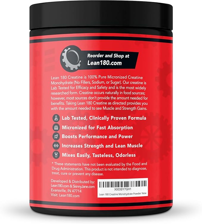 Lean 180 | Best Creatine Monohydrate Supplement | 100% Pure Powder | Improved Athletic Performance Muscle Recovery Brain Function | Gluten Free Lab Tested Unflavored - (60 Servings)