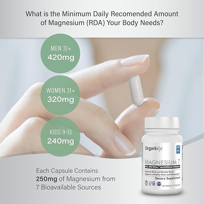 Organixx Magnesium Supplement Natural Magnesium Capsules for Sleep Support Muscle Recovery with Vitamin B6 and Manganese Citrate and Glycinate High Absorption Vegan Non GMO (30 Count)