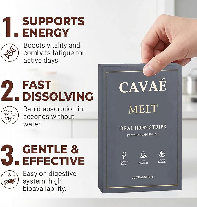 Cavae Oral Iron Strips Oral Dissolving Film 19 mg Iron Per Strip 30 Oral Iron Support for Energy Raspberry Flavor No Water Needed