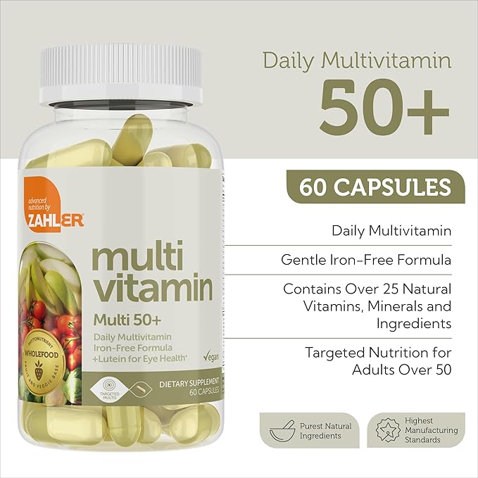 Zahler Multivitamin 50+ Iron-Free Formula + Lutein for Eye Health 60 Capsules.