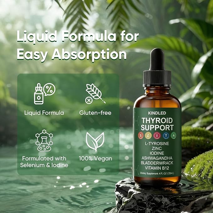 Kindled Thyroid Support Drops - Actora Liquid Drops Formula with Selenium Iodine Ashwagandha &amp Zinc for Energy &amp Metabolism Support Berry Flavor 4 fl oz