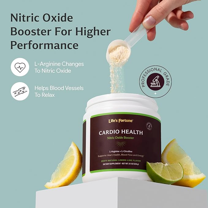 Life's Fortune L Arginine L Citrulline Supplement Powder - High Potency Nitric Oxide Supplement Booster with Natural Lemon Lime Flavor - Cardio Health Blood Pressure and Vascular Support - 258g