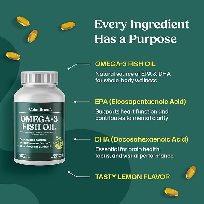 ColonBroom Omega 3 Fish Oil 2640 mg Softgels | Lemon Flavor | Daily Fish Oil Omega-3 Supplement for Women &amp Men with EPA &amp DHA | Gluten-Free Non-GMO Natural (60 Softgels 2 Month Supply)