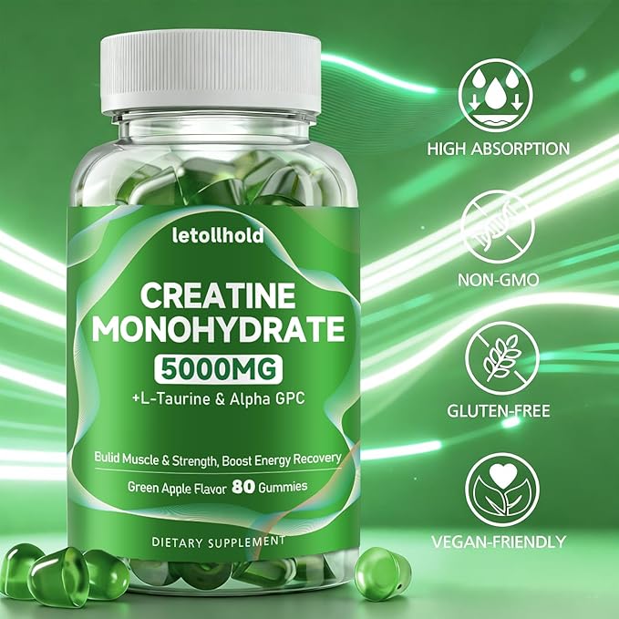 2-Pack Creatine Gummies for Women＆Men - 5g Creatine Monohydrate Gummies with L-Taurine &amp Alpha Gpc for Boost Focus Endurance Strength and Muscle Growth - Vegan Non-GMO (Green Apple 160 ct)