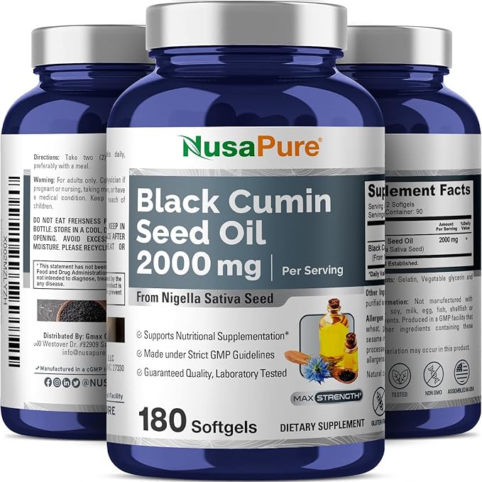 NusaPure Black Seed Oil 2000mg per Serving - 180 Softgel Caps (Non-GMO Gluten-Free) Cold-Pressed Nigella Sativa