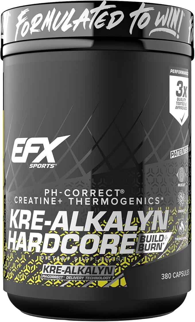 EFX Sports Kre-Alkalyn Hardcore | Thermogenic pH Correct Creatine Monohydrate Pill Supplement | Energy &amp Strength Pre Workout | 126 Servings 380 Capsules