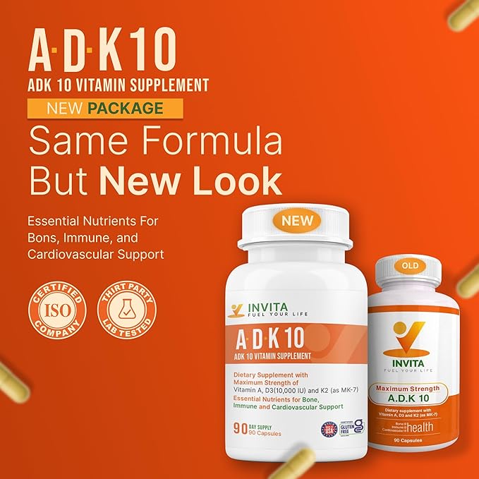INVITA ADK 10 Vitamin Supplement – 90 Capsules – High Potency of Vitamin A D3 10000 IU &amp K2-MK7 – Physician Formulated ADK for Bone Heart &amp Immune Support – Non-GMO Gluten Free (3-Month S