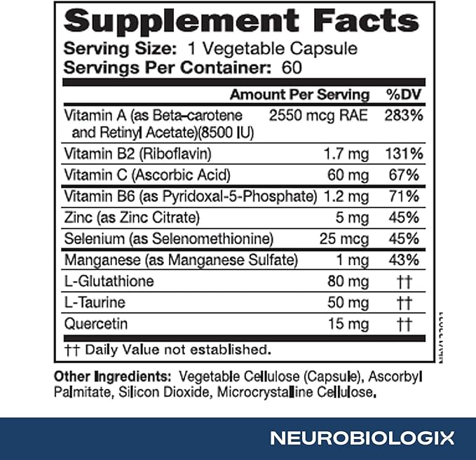 Neurobiologix Glutathione Ultra L-Glutathione Antioxidant Complex with Vitamin C A B2 B6 Zinc Selenium Manganese Taurine &amp Quercetin for Cellular Health Gluten Free 60 Vegetarian Capsule