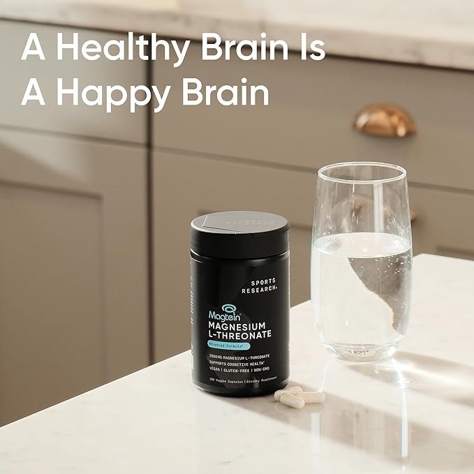 Sports Research® Magnesium L-Threonate Capsules 2000mg - High-Absorption Magtein® for Enhanced Brain Health Memory Focus &amp Restful Sleep Support - Vegan · Non-GMO · Gluten Free - 90 Count