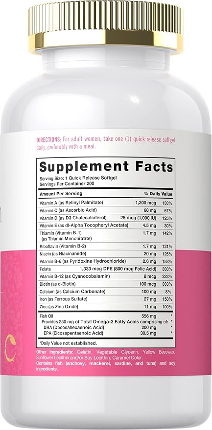 Carlyle Multivitamin for Women | 200 Softgels | Support Supplement with Iron | Essential Vitamins Minerals and Omegas | Non-GMO &amp Gluten Free Formula