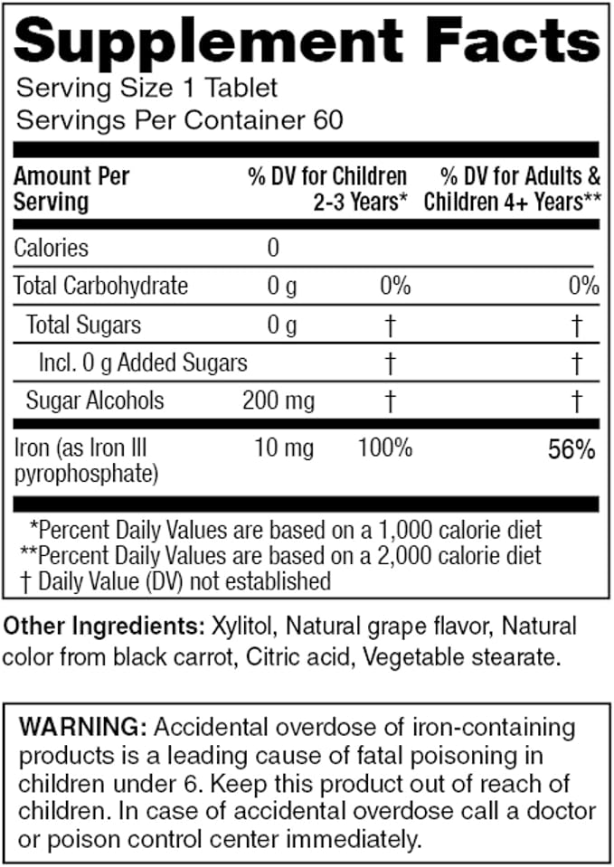 KidStar Nutrients BioFe Pure Iron Chewables Natural Grape Flavour 10 Mg Iron Per Tablet No Sugar 60 Chewable Tablets