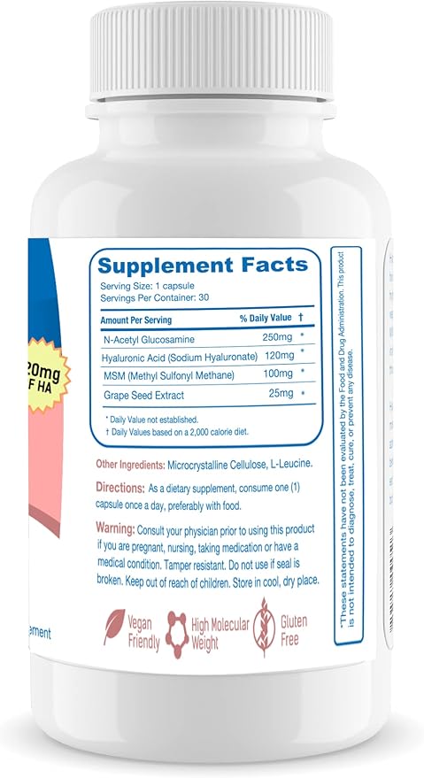 Hyalogic 120 Mg Hyaluronic Acid Delayed-Release Capsules – Skin Supplement w/Glucosamine MSM – Body Health Food Supplement w/Grape Seed Extract – Vegan &amp Non-GMO Dietary Supplements (30 Count)