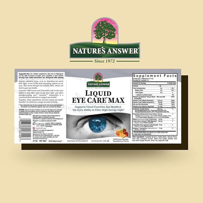 Nature's Answer Liquid Eye Care Max 8 Ounce Liquid Supplement | Supports Visual Function | Non-GMO | Gluten Free | Vegetarian | Made in The USA | Great Tasting