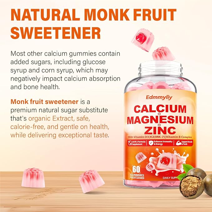 Calcium Magnesium Zinc Supplement Gummies with Vitamin D3 K2 &amp B Complex for Women Men 1000mg Calcium Citrate with Magnesium Gummies for Bone Muscles &amp Immune Support Sugar Free Vegan