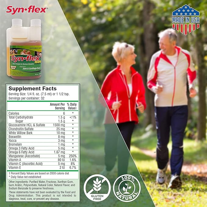 Synflex 1500mg Liquid Glucosamine &amp Chondroitin Supplement - HSA/FSA High Concentration and Fast-Absorbing Joint Support Formula with White Willow Bark Manganese and Boswellin 32-Day Supply