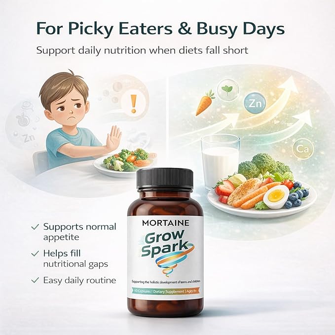 WNW Mortaine Grow Spark Kids Growth Support Supplement Bone Development &amp Nutrient Absorption Formula for Children &amp Teens 60 Capsules Ages 8+