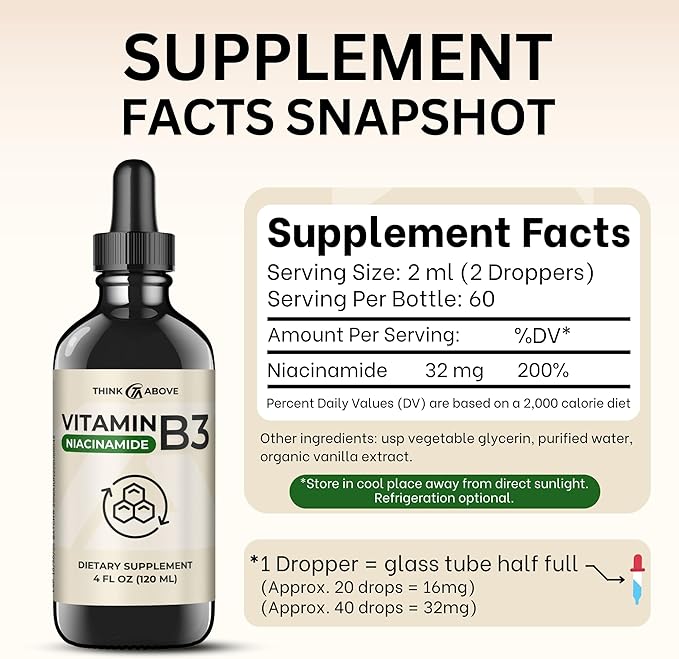 Liquid Vitamin B3 (as Niacinamide) Supplement - Non Flush Form of Niacin - Fast Absorption -Convenient Niacin Drops for Women and Men - 4 oz (120ml )