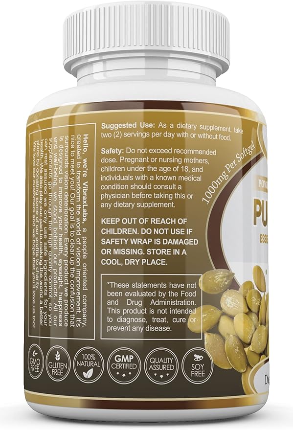 vibraxlabs Pumpkin Seed Oil - 100% Cold Pressed Pure 1000mg Extraction - Best for Hair Growth Younger Looking Skin &amp Face Bladder Control Supplement 60 Softgels