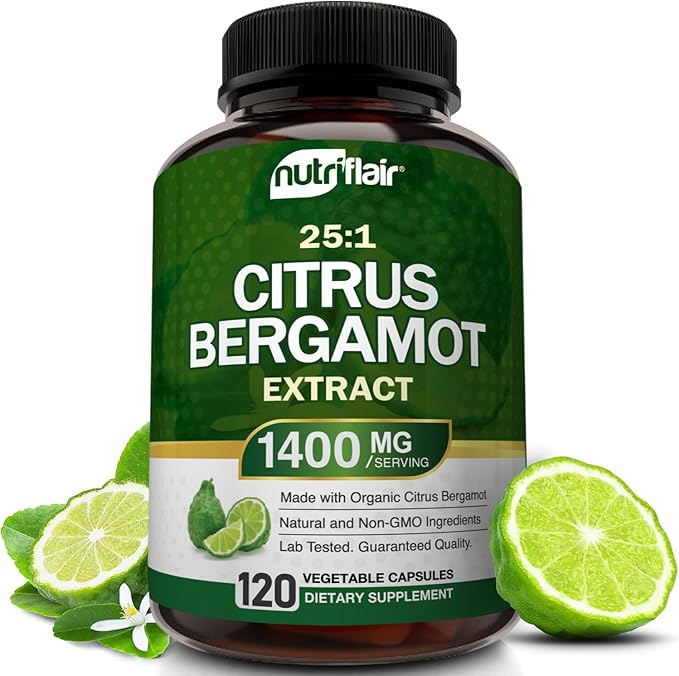NutriFlair Organic Citrus Bergamot 1400mg 120 Capsules - 25:1 Bergamia - Essential Oil and Citrus Bioflavonoids - Natural Heart Health Supplements for Women and Men - Non-GMO Pills