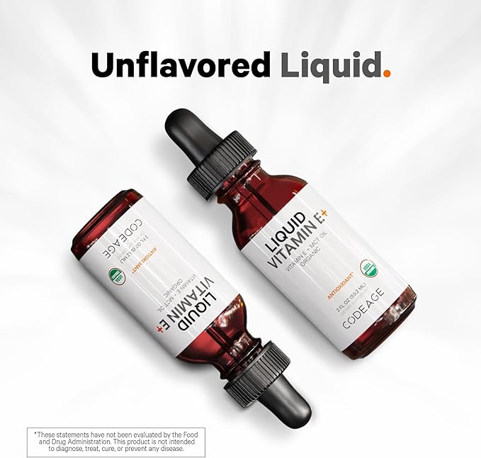 Codeage Liquid Vitamin E+ - USDA-Certified Organic Vitamin E - 2-Month Supply - D-Alpha Tocopherol Acetate Organic MCT Oil Orange Fruit Oil Unflavored Non-GMO Vegan Gluten-Free 2 fl oz