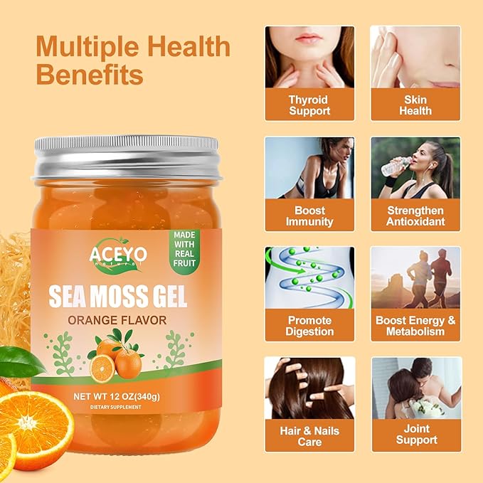 (12 OZ) Sea Moss Gel Organic Raw Vegan Orange Flavored Irish Seamoss 102 Vitamins and Minerals Wild Harvested Non-GMO Immune Defense Booster Thyroid Digestive Support