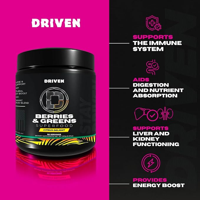 Driven B&ampG Berries &amp Greens Superfood Powder 30 Servings - Organic Plant-Based Formula with Probiotics &amp Digestive Enzymes -Supports Recovery Healthy Digestion and Immune Function (Citr