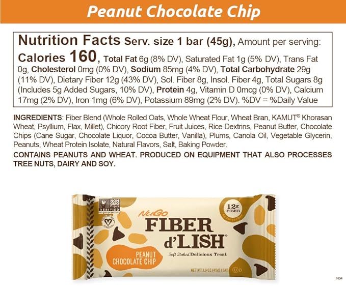 NuGo Fiber d'Lish Peanut Chocolate Chip 12g High Fiber Vegan 160 Calories 16 Count