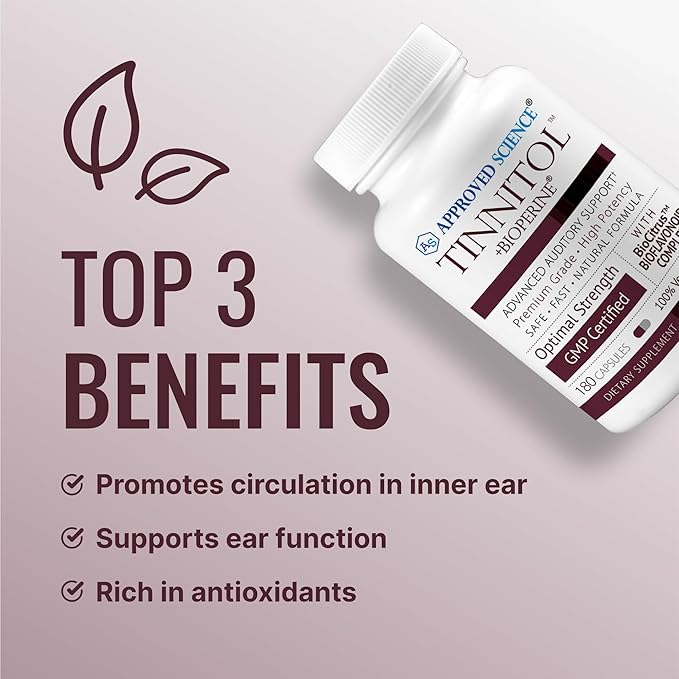 Approved Science Tinnitol - Tinnitus Support Supplement - Ease Ringing in The Ears - Boost Inner Ear Health - 1 Bottle - 3 Month Supply - Made in The USA