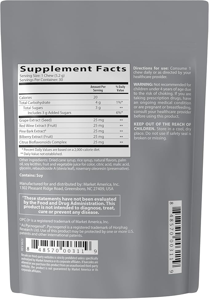 Isotonix OPC-3 Antioxidant Chews | Circulation Vision &amp Skin Support | Grape Seed Red Wine Pine Bark (Pycnogenol®) Bilberry &amp Citrus Bioflavonoids | Chewable Antioxidant Supplement - 30 Co