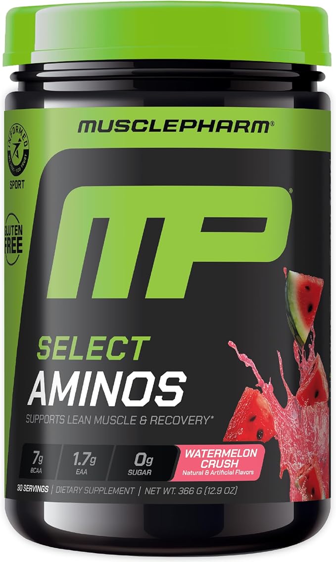 MusclePharm Select Amino's EAA + BCAAs Post Workout Essential Amino Acids Powder Pre Workout Energy Supplement for Men &amp Women with Branched Chain Amino Acids 30 Servings (Watermelon Crush)