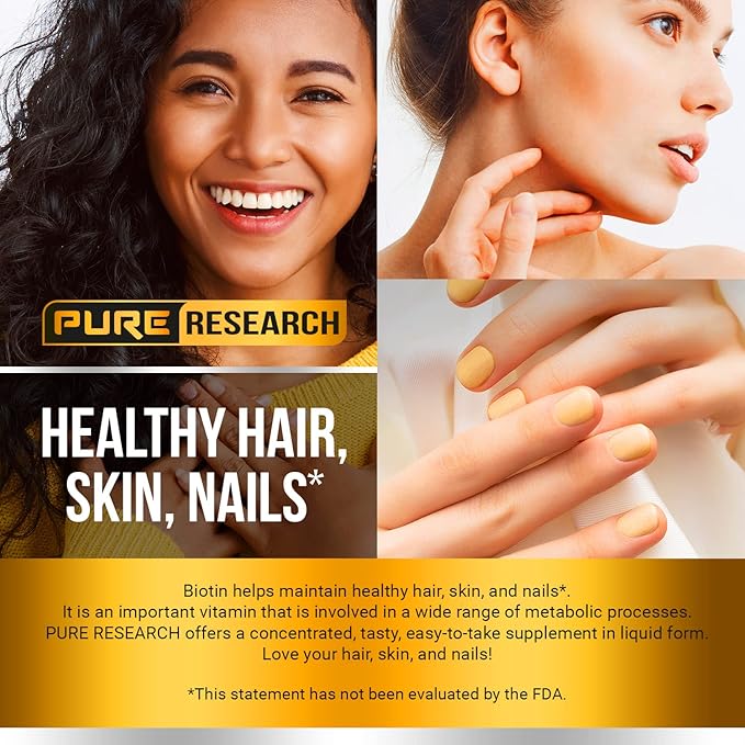 PURE RESEARCH Liquid Biotin &amp Collagen Hair Growth Drops 60000mcg – Biotin and Liquid Collagen Supplements for Women &amp Men – Supports Glowing Skin Healthy Hair &amp Nail Growth (2Fl Oz)