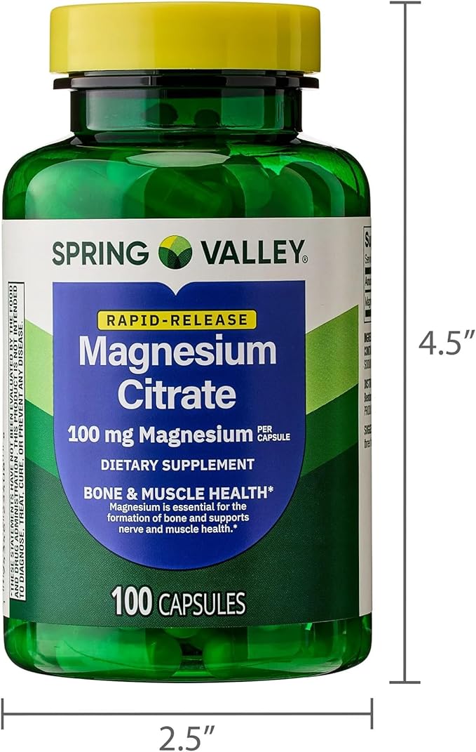 Spring Valley Rapid-Release Magnesium Citrate Bone Health Dietary Supplement Capsules 100 mg 100 Count + SUREFECT Organizer.