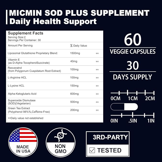 Superoxide Dismutase Supplement 500mg - SOD Plus with Liposomal Glutathione AKG Green Tea Extract L-Arginine Lysine Resveratrol and Vitamin E for Immune Support Antioxidant 180 Capsules